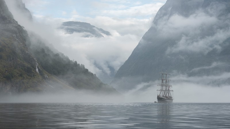 nature, mountains, ship, Norway