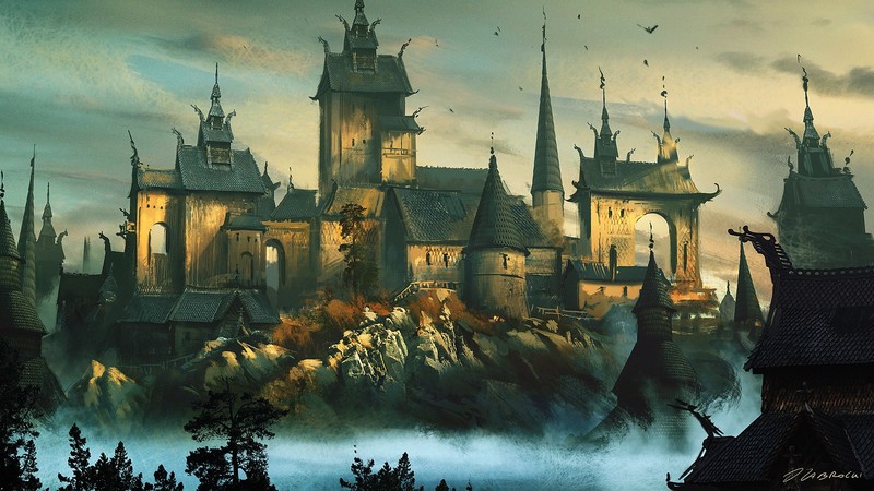 digital art, castle, fantasy art, painting, Darek Zabrocki, birds, rock, trees, clouds