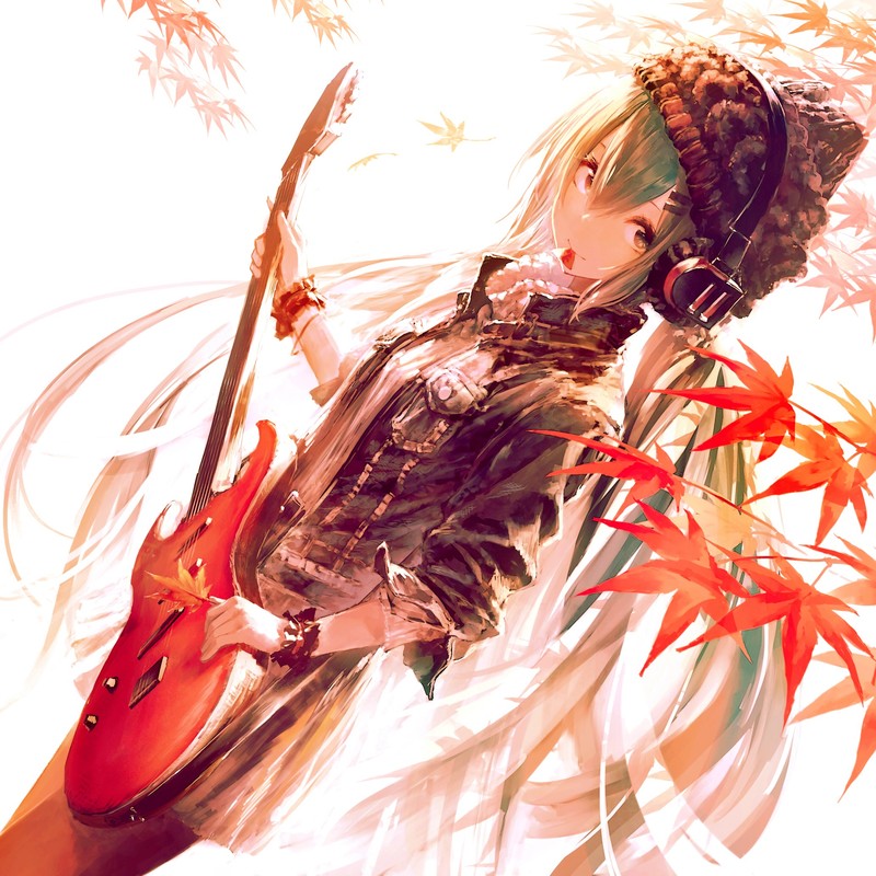 anime, anime girls, headphones, musical instrument, guitar