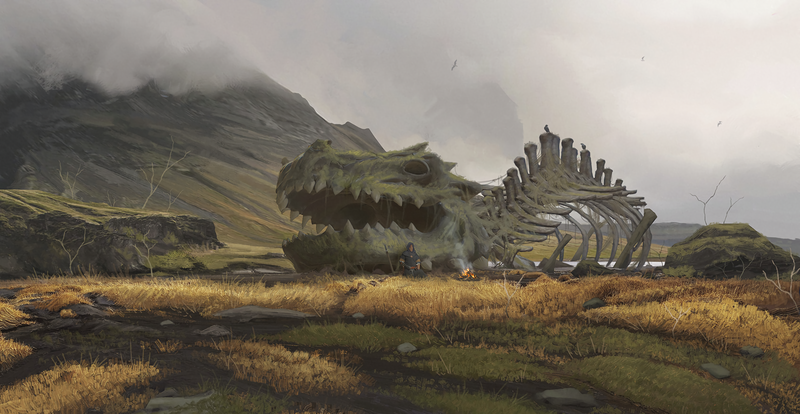 skeleton, dragon, fantasy art, tundra, campfire, clouds, adventurers, sword, mountains, environment