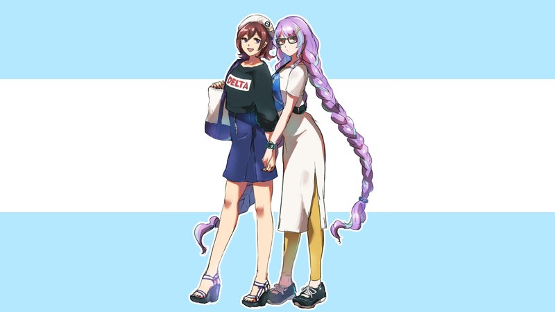 anime, anime girls, Macross Delta, simple background, Kaname Buccaneer, Mikumo Guynemer, azu_deltachan, light blue