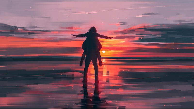 artwork, landscape, women, sunset, river, painting, illustration, Aenami, digital art, clouds, fan art