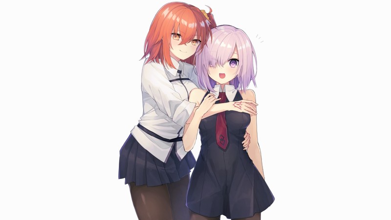 anime girls, anime, simple background, white background, miniskirt, tie, redhead, hugging, purple hair, purple eyes, orange eyes, short hair, stockings, bare shoulders, open mouth, Fate/Grand Order, Shielder (Fate/Grand Order), Fujimaru Ritsuka