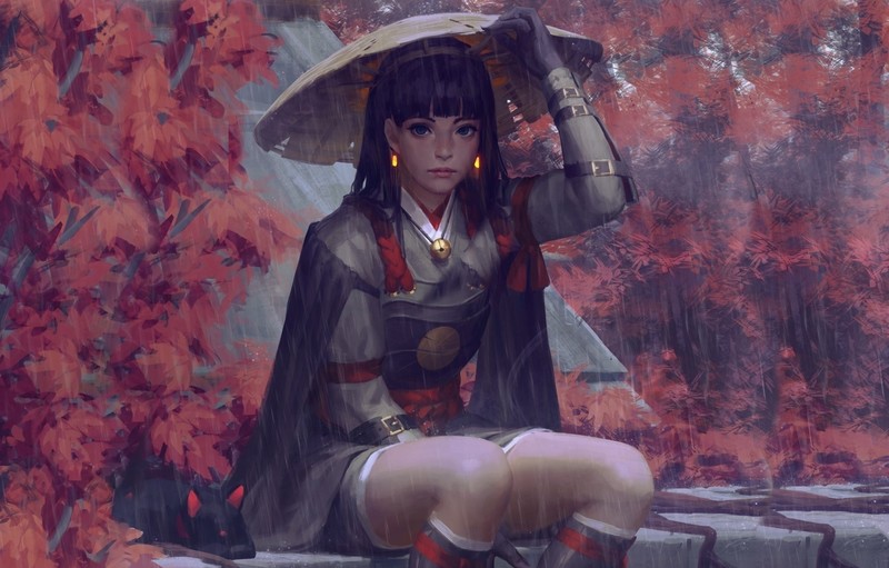 women, artwork, warrior, fantasy art, digital painting, fan art, GUWEIZ, rain, looking at viewer, long hair
