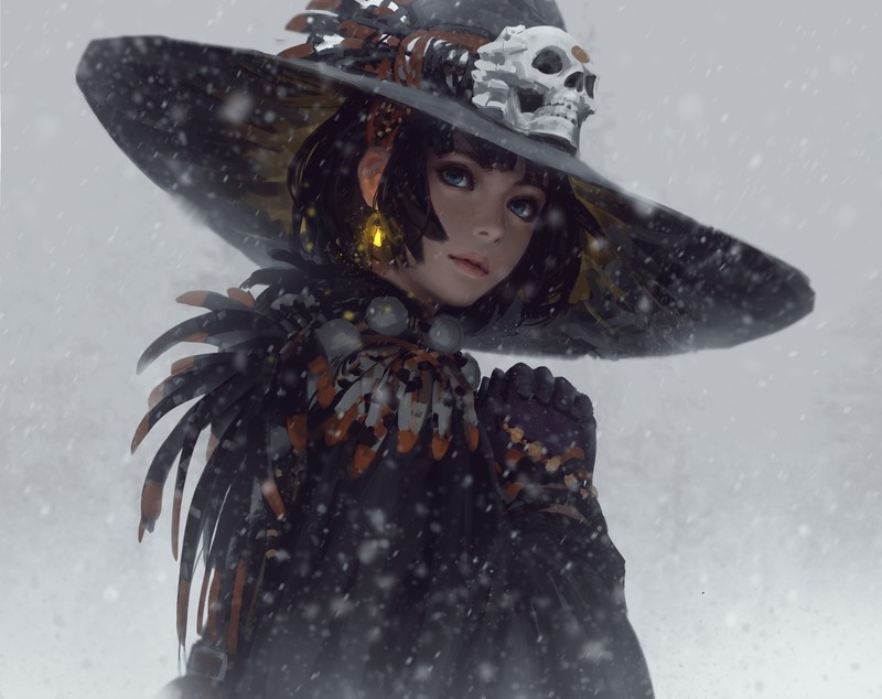 women, fantasy art, painting, artwork, snowing, GUWEIZ, witch, Z.W. Gu