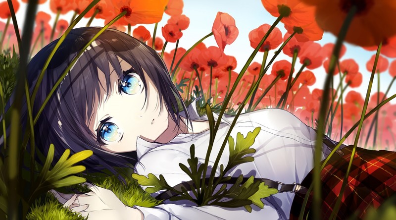 anime, anime girls, blue eyes, dark hair, flowers, red flowers