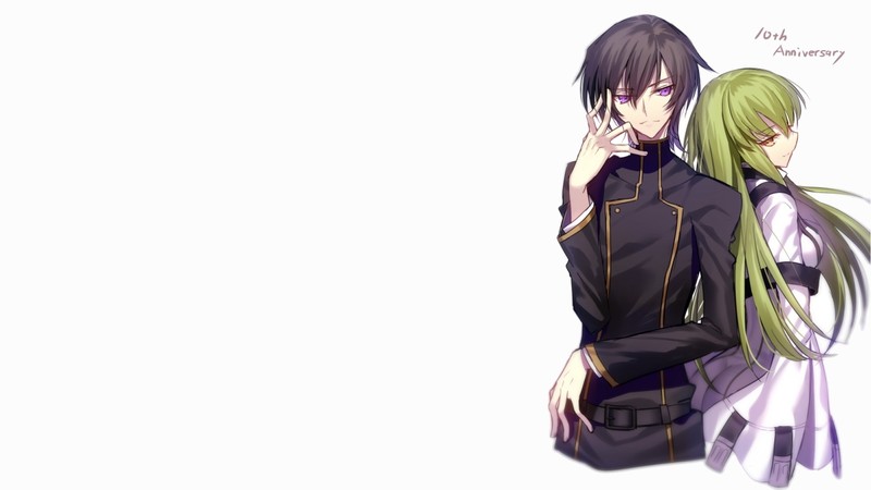 anime girls, anime boys, white background, green hair, simple background, anime, C.C. (Code Geass), Code Geass, Lamperouge Lelouch