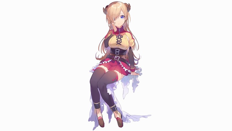artwork, anime girls, miniskirt, horns, anime, blue eyes, simple background, white background