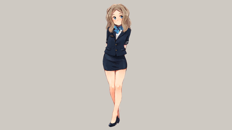 anime, manga, anime girls, simple background, minimalism, blonde, stewardess, miniskirt, heels, uniform