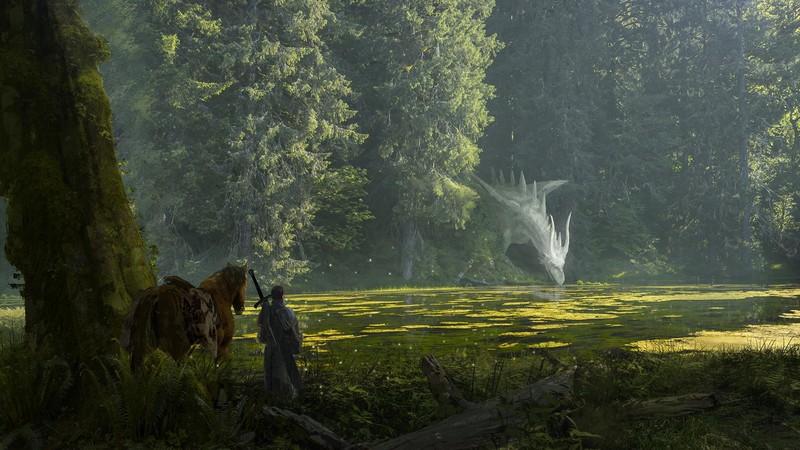 digital art, landscape, forest, warrior, horse, dragon, fantasy art, illustration, environment, river