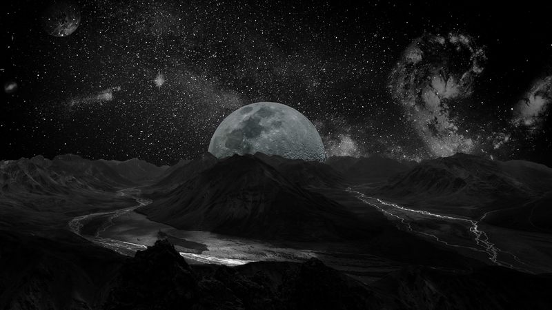 moon, space, universe, photoshop, bw, 4k