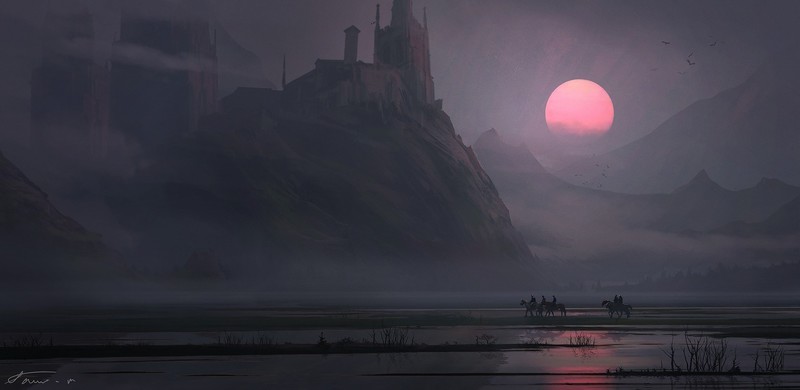 digital art, landscape, mountains, village, horse, sunset, illustration, environment, fantasy art, artwork, Masahiro Sawada, red moon, concept art, castle