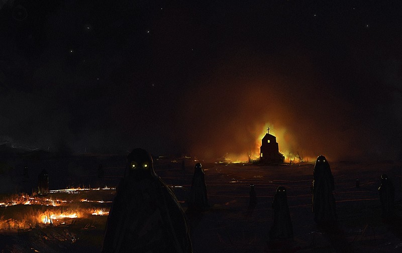 digital art, church, fire, ghost, dark, horror, illustration
