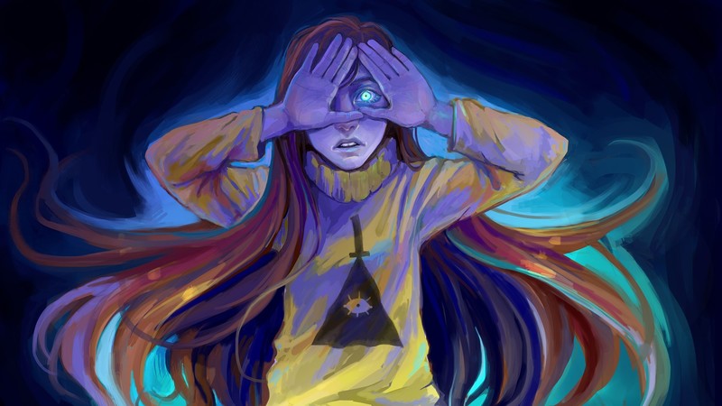 artwork, children, Illuminati, hand gesture, eyes, blue, triangle, Gravity Falls