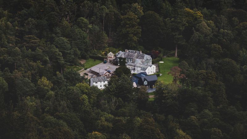 castle, homestead, view from above, forest, 4k