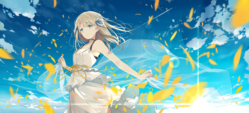 anime, anime girls, flower in hair, sky, blue eyes, Ashima