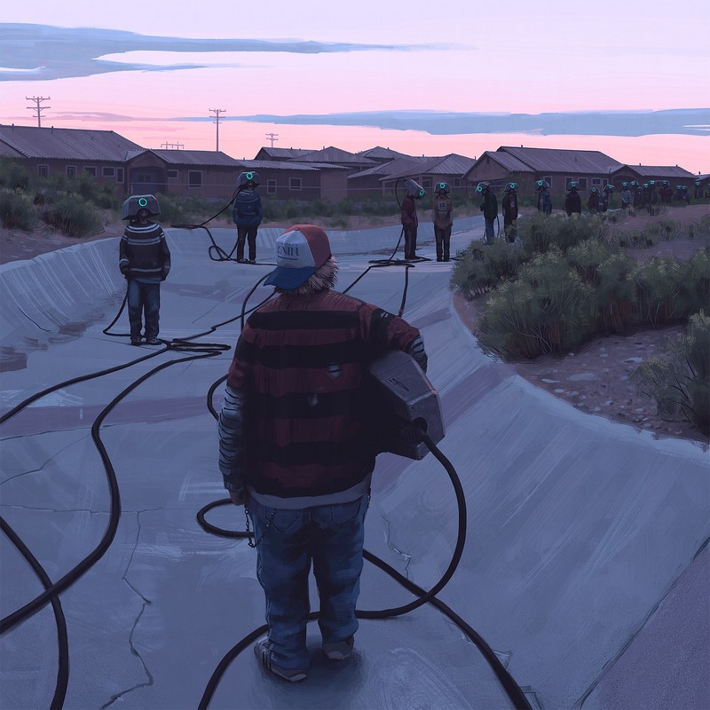 artwork, children, city, robot, science fiction, apocalyptic, digital painting, futuristic, Simon Stålenhag
