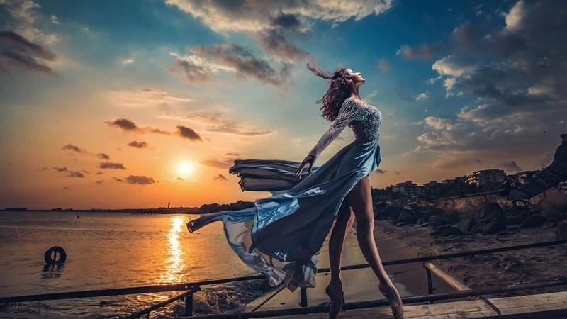 shore, sunset, ballerina, dress, sky, girl