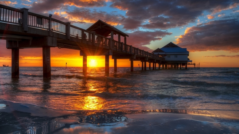 beach, florida, pier, nature, sunset, clouds, sky