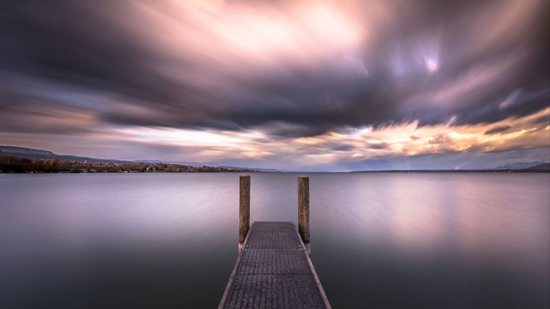 pier, horizon, sunset, sky, 4k