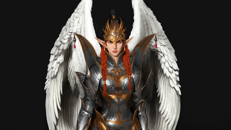 girl, angel, pim lico, black, pimlico, white, wings, luminos, armor, fantasy