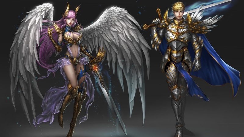 angel, game, man, couple, frumusete, wings, luminos, rena illusion, fantasy, girl, sword, knight