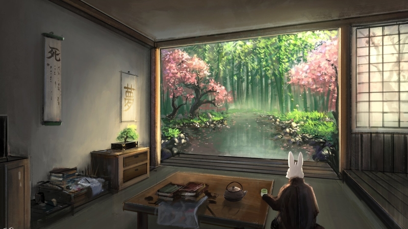 house, japan, rabbit, japanese, anime, orginal, scenery, art, indoor, garden