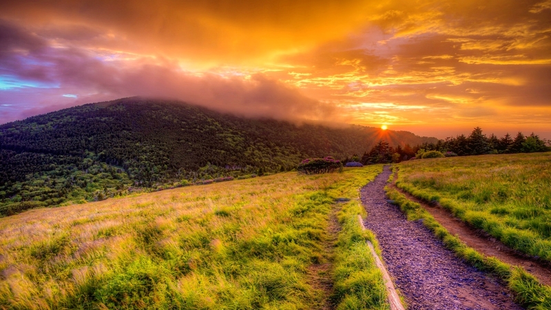 grass, fiery, mountain, orange, path, beautiful, sunset