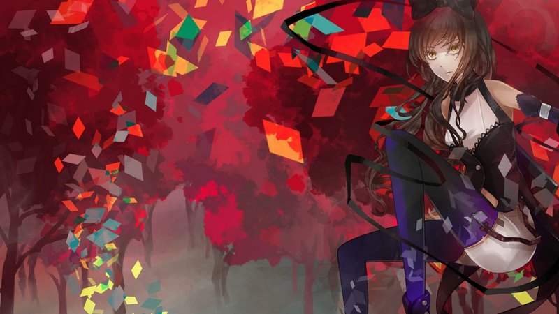 red, pretty, forest, lovely, black, beautiful, trees, sweet, cute, girl, green, purple, multicolor, anime, beauty, long hair