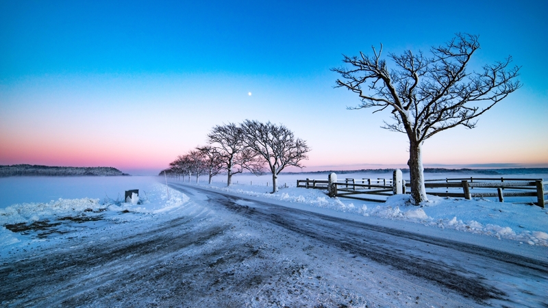 pink, landscape, sky, calm, country, snow, road, winter, fields