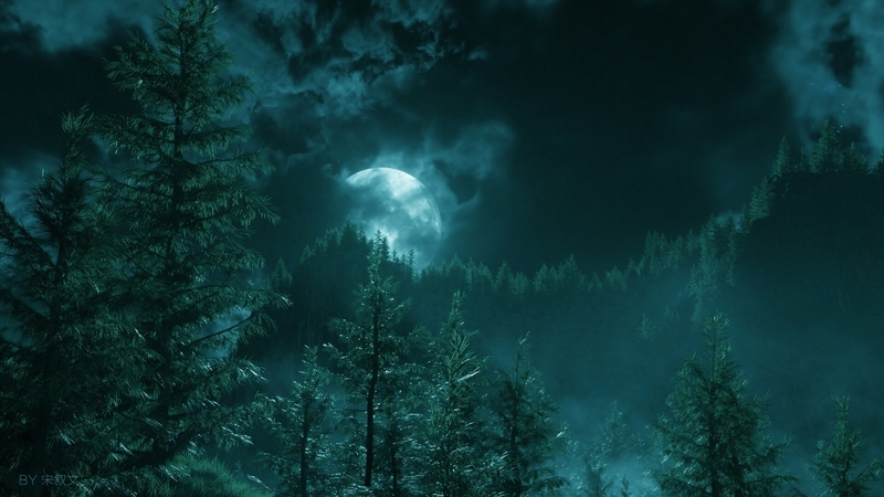fantasy, moon, tree, luminos, luna, song xuwen, night, forest, cloud, green