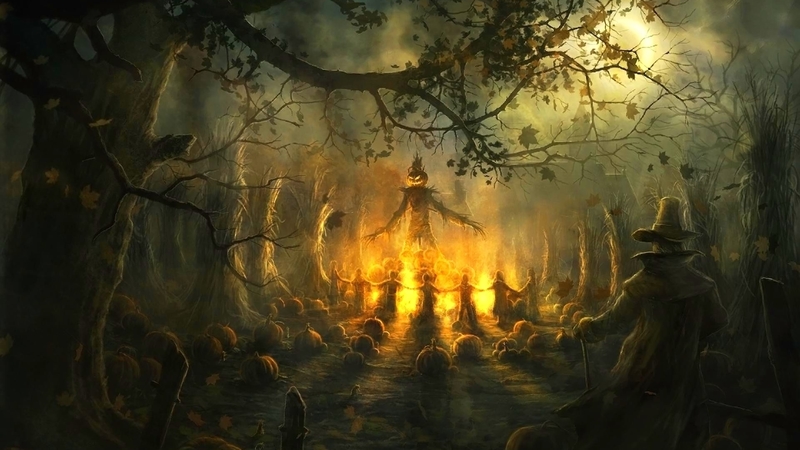 fire, forest, scarecrow, tree, people