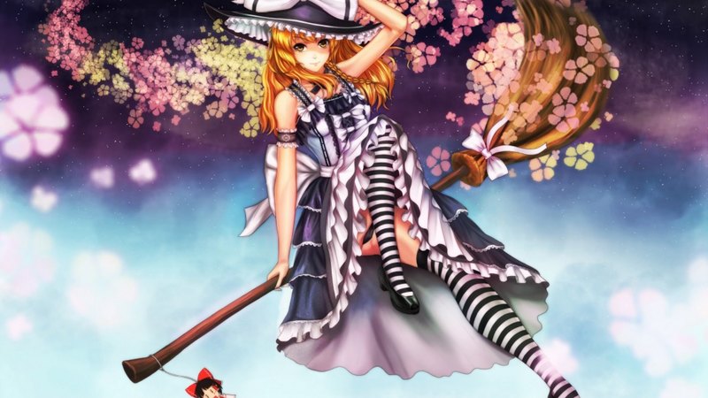 pretty, witch, dress, float, hd, beautiful, magic, broom, sweet, nice, anime, touhou, beauty, anime girl, long hair, kirisame marisa, female, lovely, girl, flower
