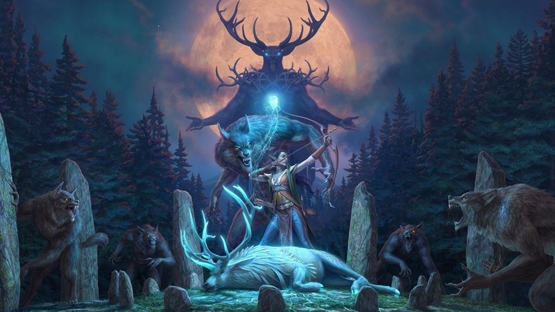 fantasy, luminos, girl, game, wolfhunter, blue, art, elder scrolls online, deer, wolf