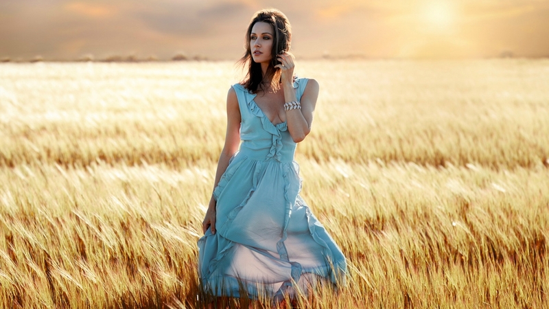 brunette, sunrise, model, field, dress