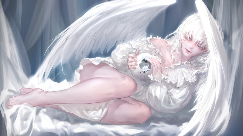 anime, angel, manga, white, qidai, wings, luminos, fantasy, girl, feather, blue