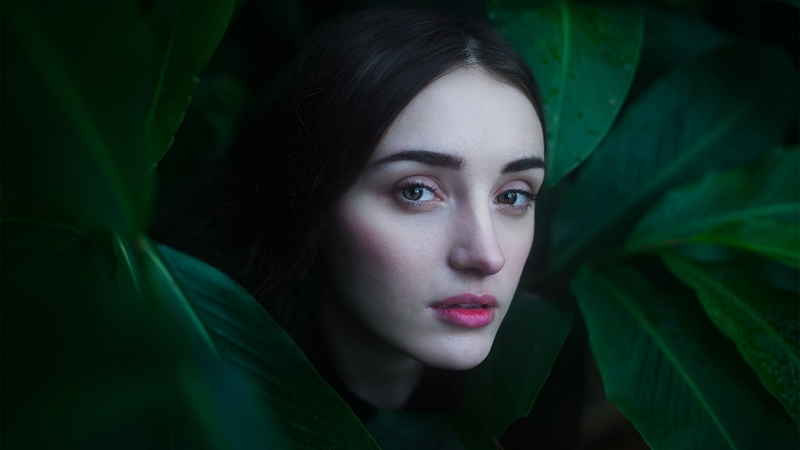 leaves, face, model, woman
