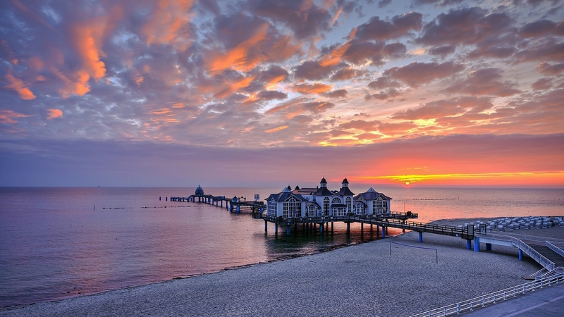 building, dock, ocean, pier, nature, sunset, clouds, sky