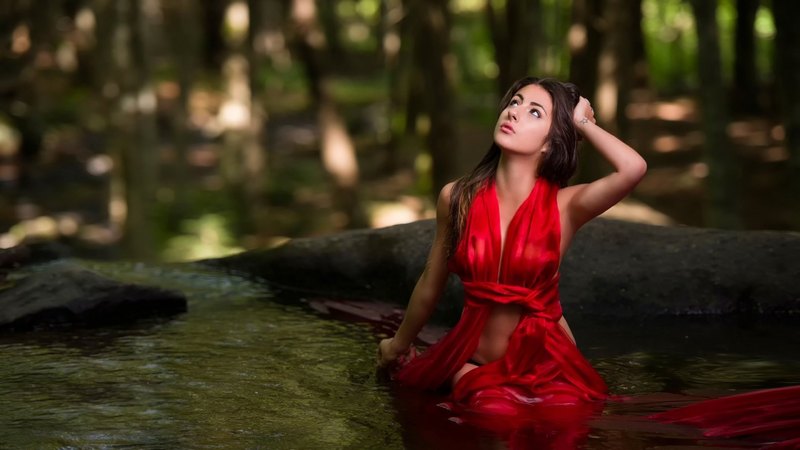 red, wet, dress, woods, woman, women, sea, people, beauty, skyphoenixx1, girls, forest, model, lake, brunette, water, girl