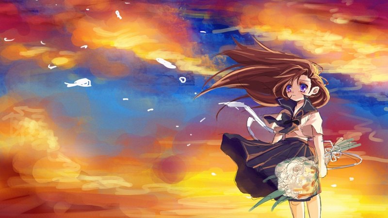 art, schoolgirl, brown hair, sky, clouds, sundown, alone, girl, crying, anime, painting, sad, flowers, purple eyes, long hair, school uniform