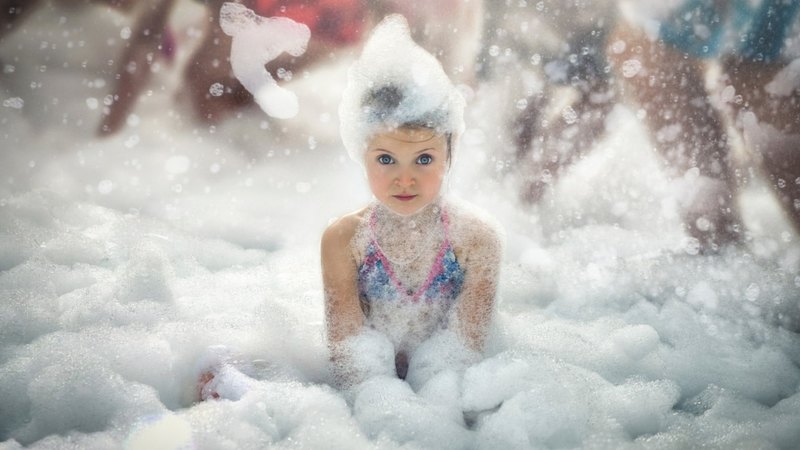cute, foam, girl, party, child, funny, white, blue
