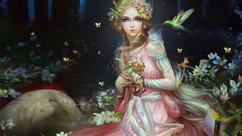 forest, fantasy, girl, fairy, bird