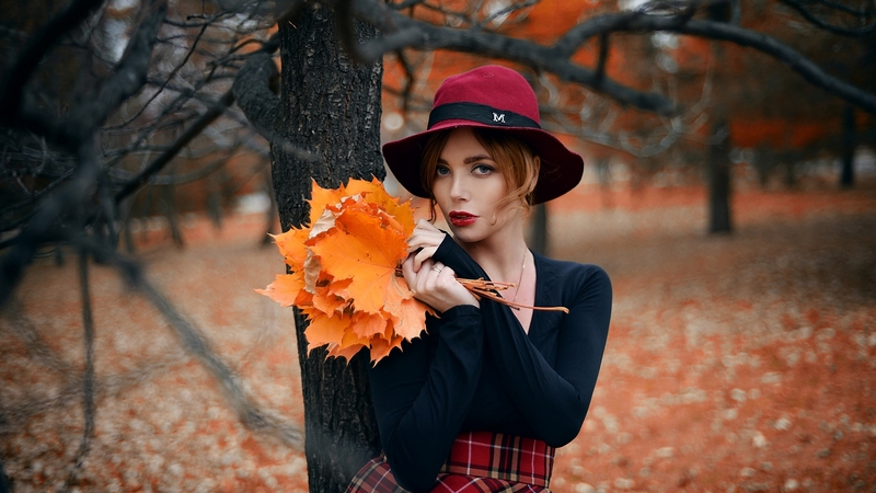 girl, beauty, leaves, autumn