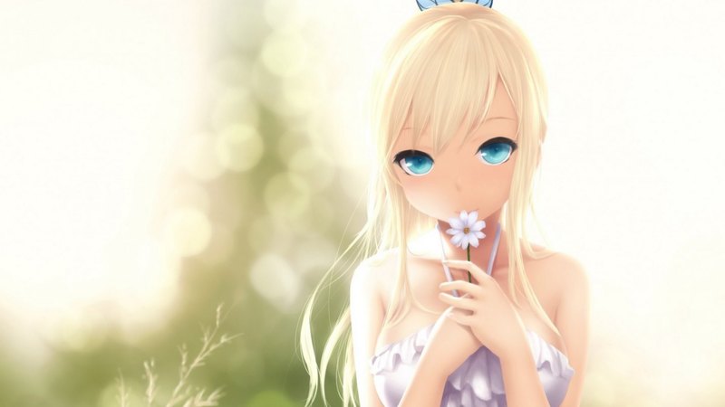 cute, anime, blonde, girl, field, butterfly, flower