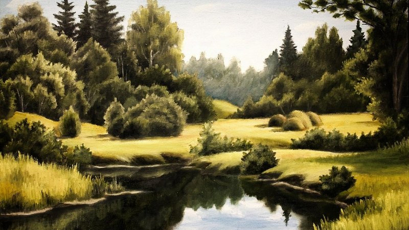 painting, tree, water, nature