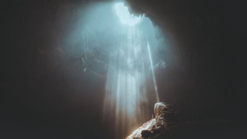 cave, sunlight, rocks, stones, 4k