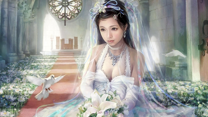young, sad, day, dove, white, church, wedding, woman