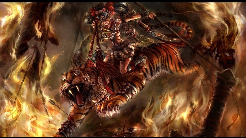 lance, warrior, tiger, woman