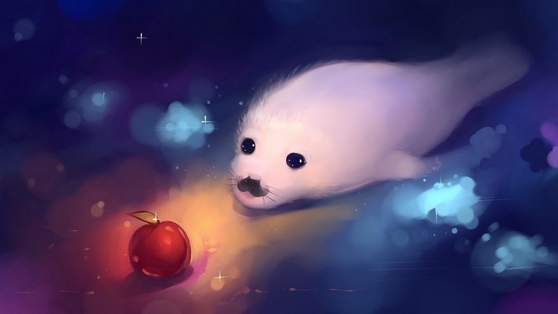 orange, hangmoon, blue, sea lion, art, red, apple, luminos, fruit, seal, white