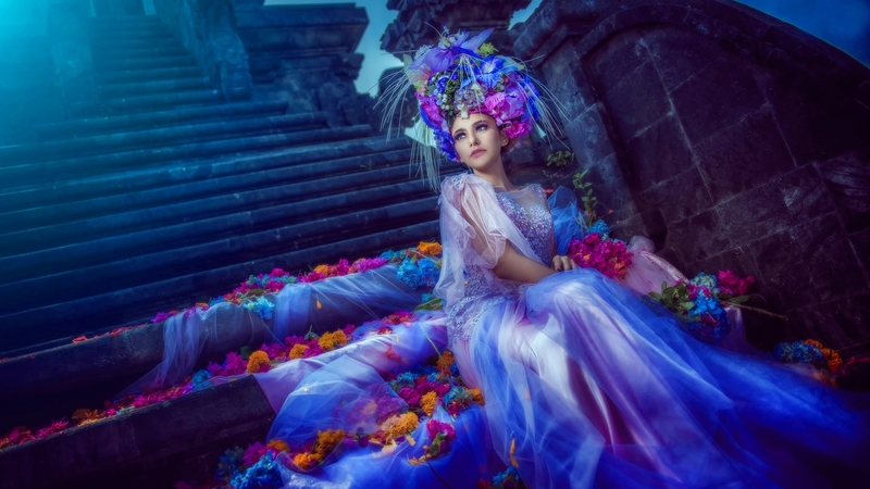 girl, stairs, woman, blue, pretty, art, veils, flower crown, photography, fantasy